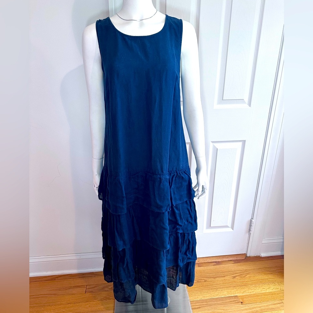 Women’s Sleeveless Navy Blue Tiered-Hem Linen Maxi Dress Size 8